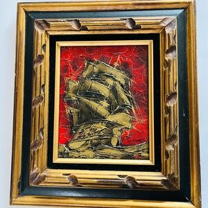Vintage textured oil painting of ship, red, black, gold, framed